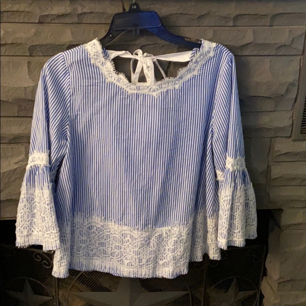 Small white & blue stripped flare sleeved shirt